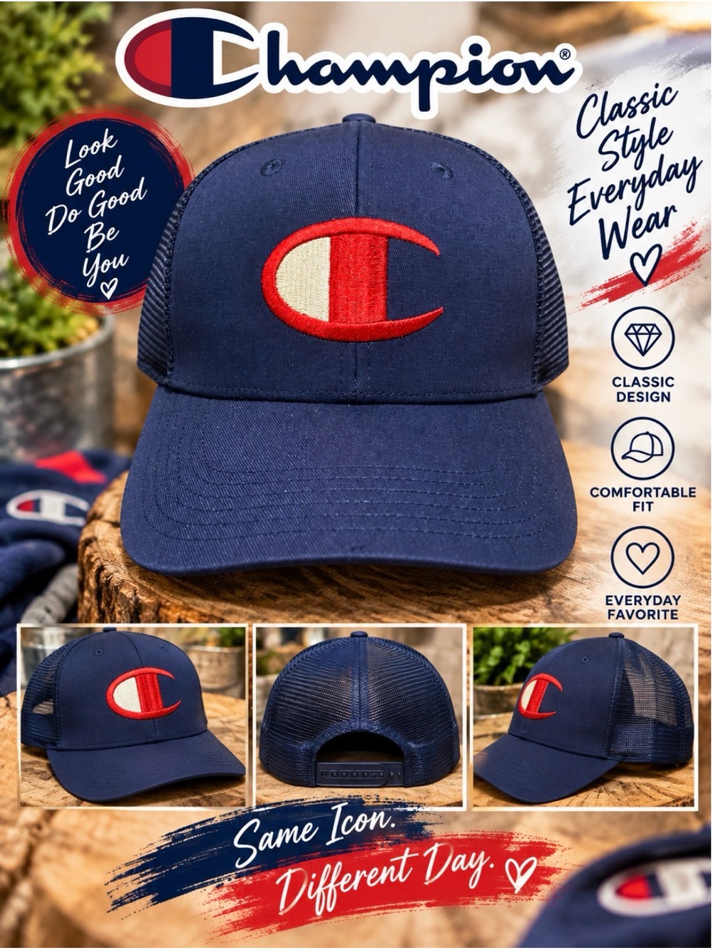 Champion Kids Navy Trucker Hat with Red and White Logo